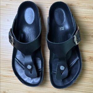 Birkenstock Black Thong Sandals with Silver Buckles